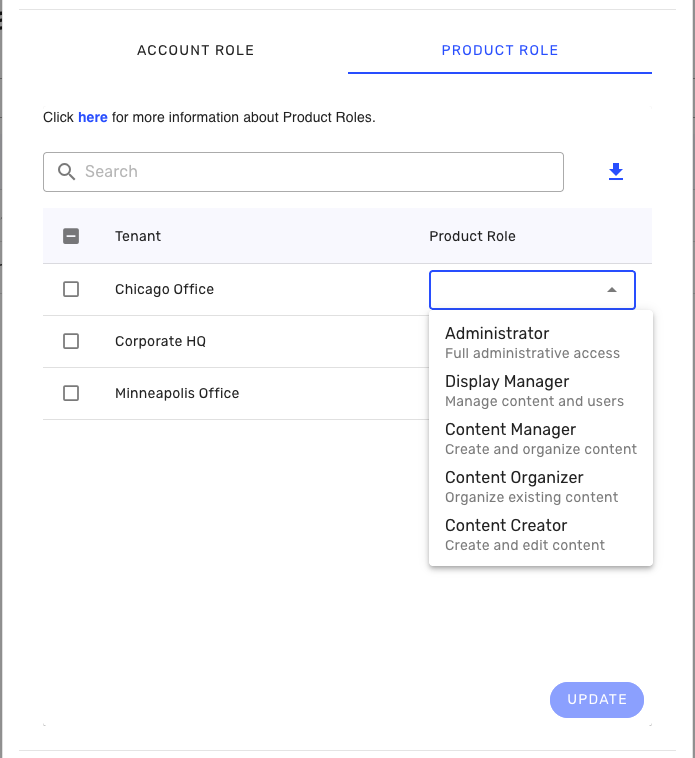 User interface displaying product roles for different office locations with dropdown options.